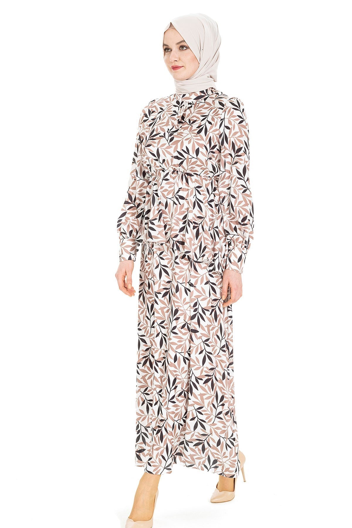 Berfin Leaf Pattern White Hijab Dress 5366 T22el3m5366