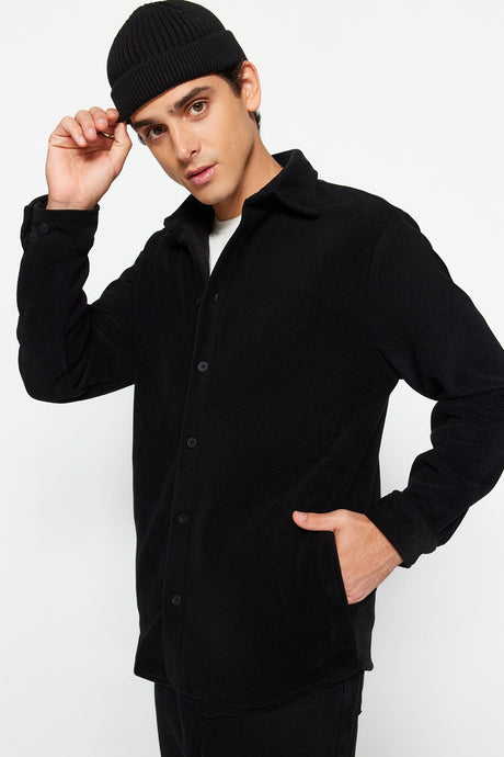 Black Unisex Regular Fit Side Pockets Fleece Thick Winter Casual Shirt Jacket Tmnaw24go00082