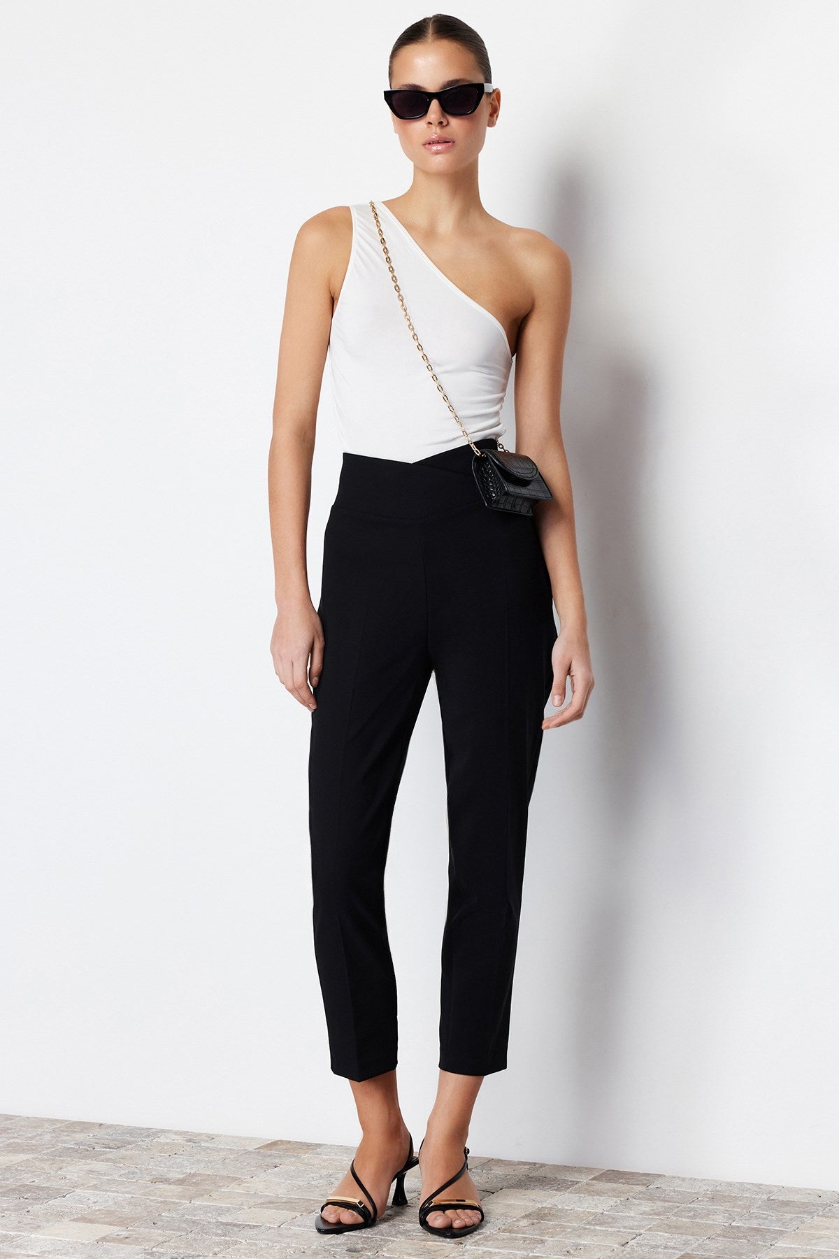 Black Cigarette Ribbed Waist Detailed Woven Pants Twoss24pl00116