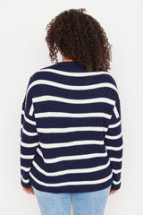 Navy Blue Striped Low Shoulder Knitwear Sweater Tbbaw23an00195