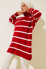 Fuchsia Collar Zipper Striped Knitwear Tunic Imj002257