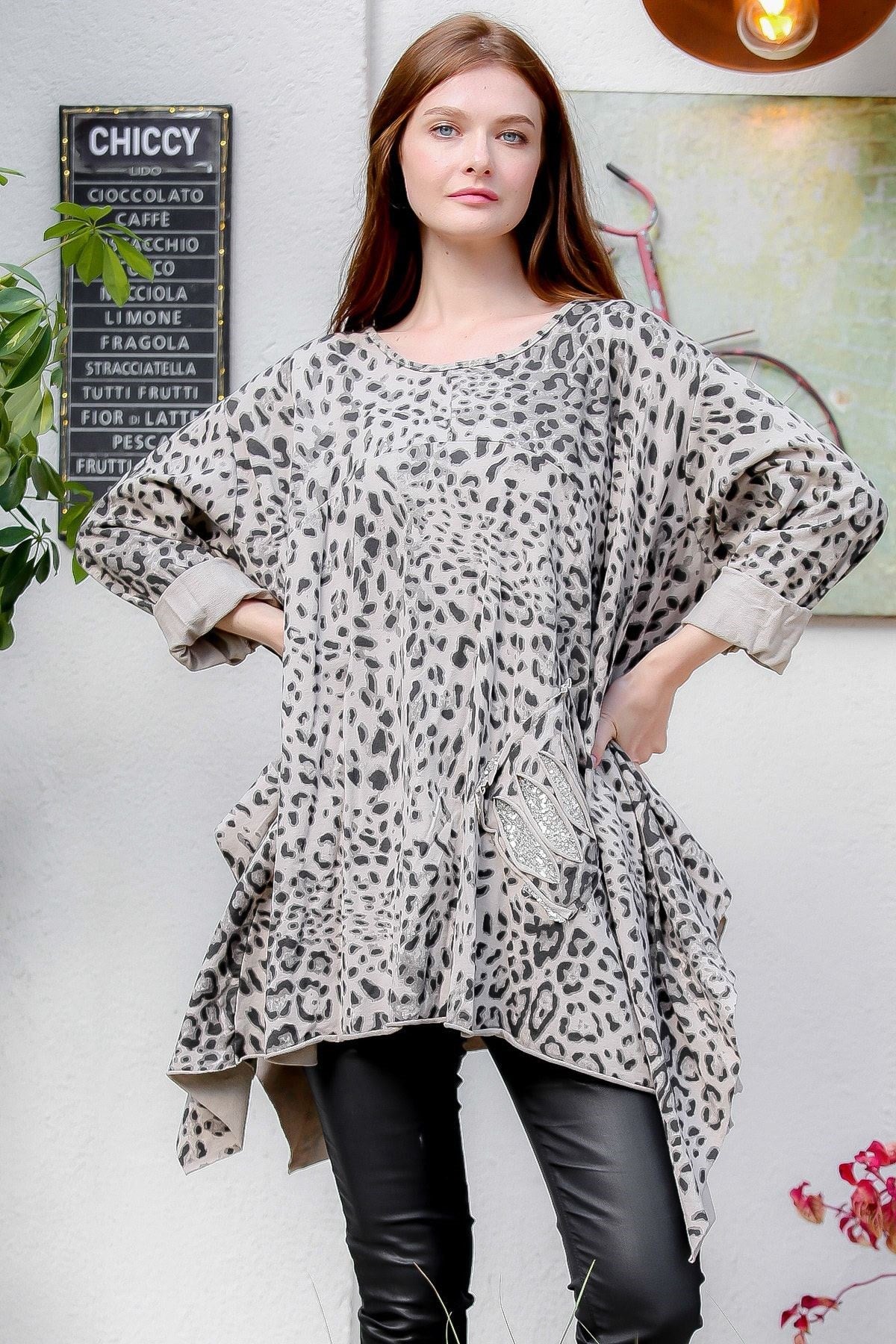 Women's Navy Italian Leopard Pattern Sequin Pocket Detailed Oversized Tunic M10010500tn99595