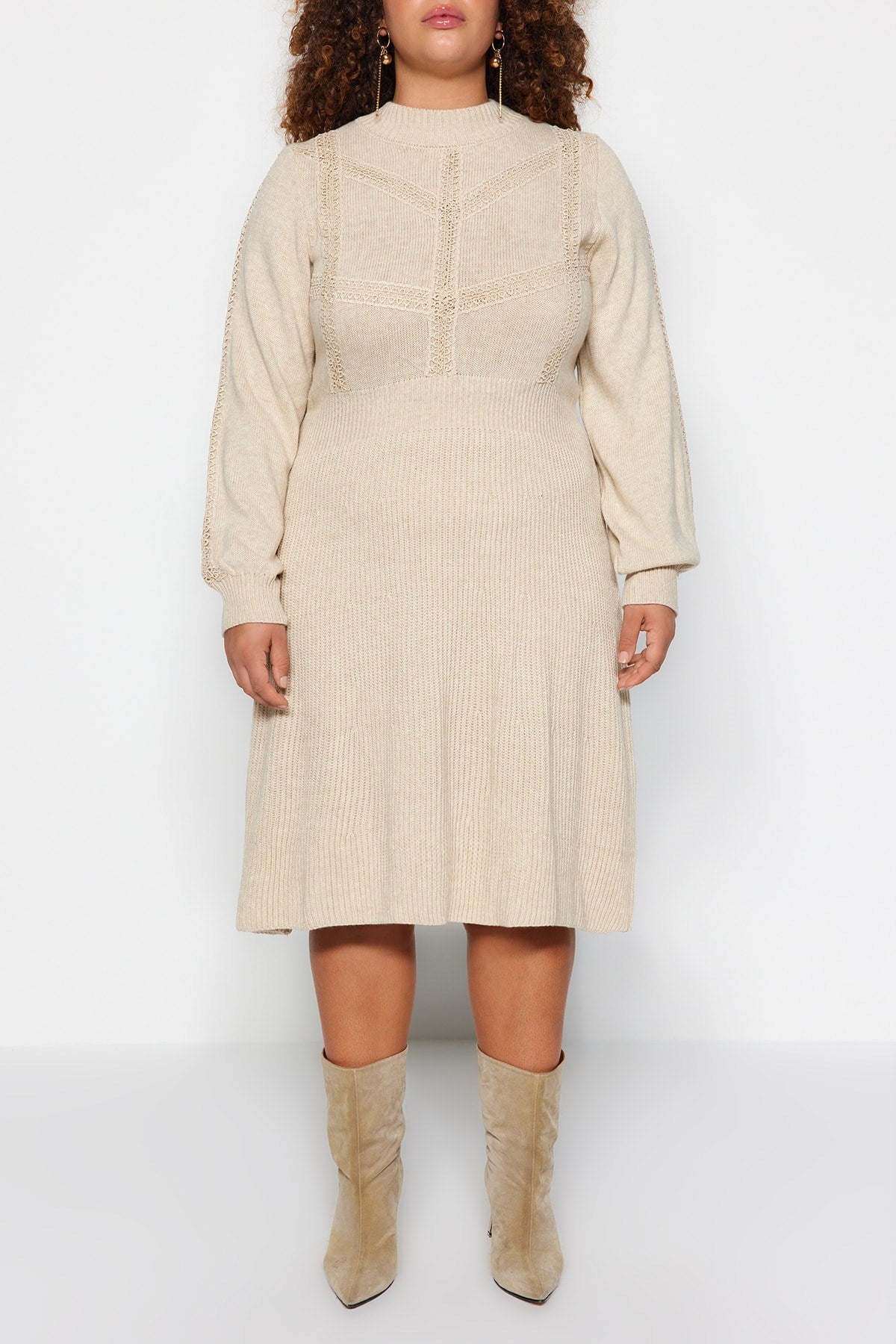 Beige Knit Detailed Knitwear Dress Tbbaw24ah00018