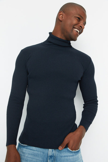 Grey Men's Slim Fit Turtleneck Ribbed Knit Basic Sweater Tmnaw20mg0031