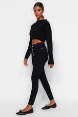 Faded Black Front Button High Waist Skinny Jeans Twoaw24je00090