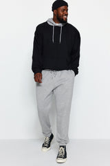 Black Men's Plus Size Regular/regular Fit Casual Rubber Leg Basic Inside Soft Feather Tracksuit Bott