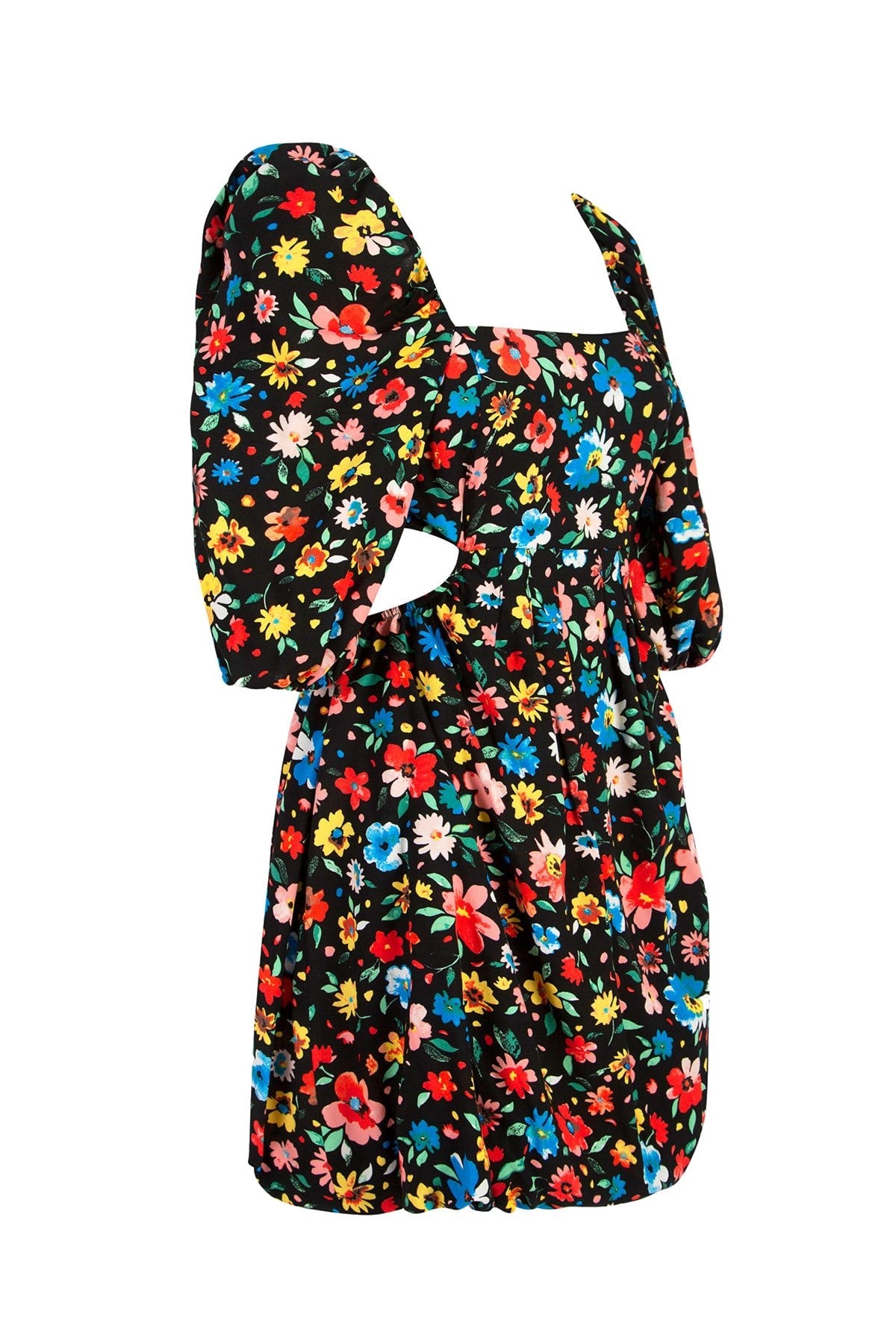 Women's Black Black Floral Printed Back Belt Detailed Mini Viscose Dress Lg-oz175bdd