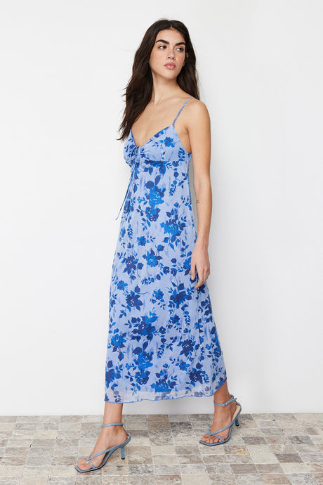 Blue Floral Printed Maxi Size Heart Neckline Twoss24el00272