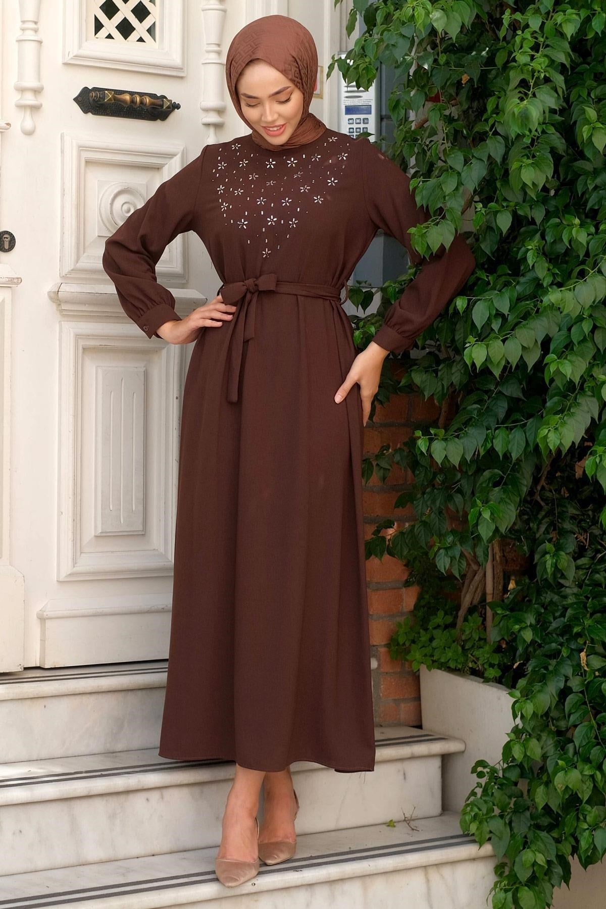 Stone Embroidered Belted Dress Brown Hm2220