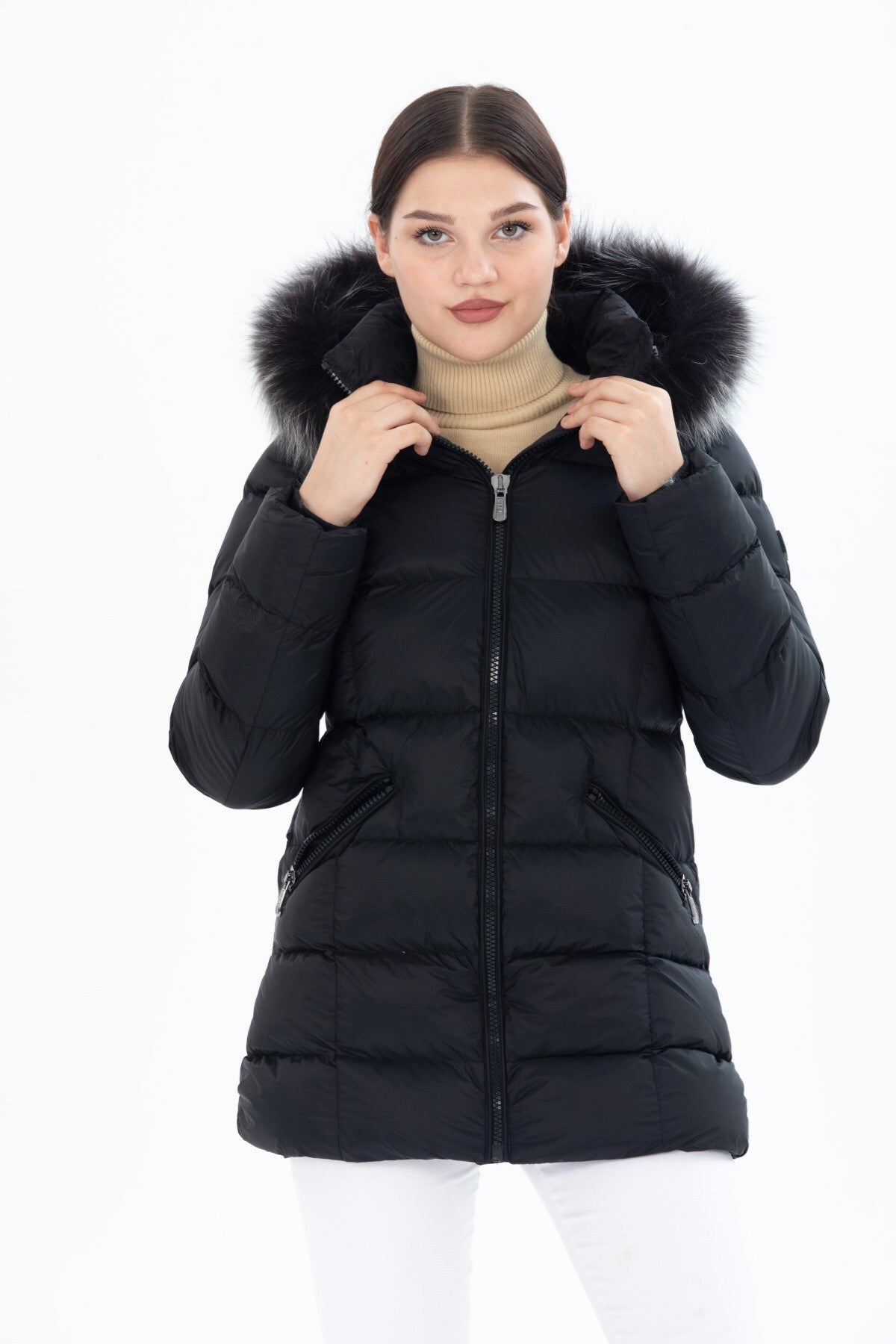 Women's Long Removable Fur Hooded Padded Windproof Water Repellent Inflatable Coat 8651 Gfx8651