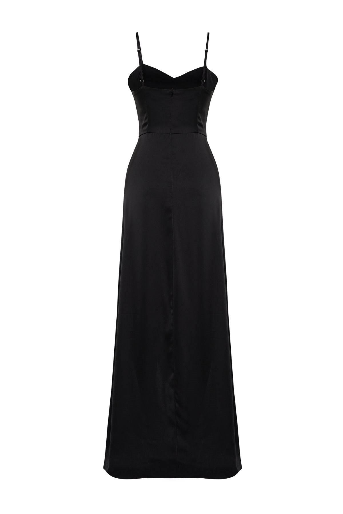 Black Satin Woven Shiny Stone Accessory Long Night Evening Dress Tprss24ae00006