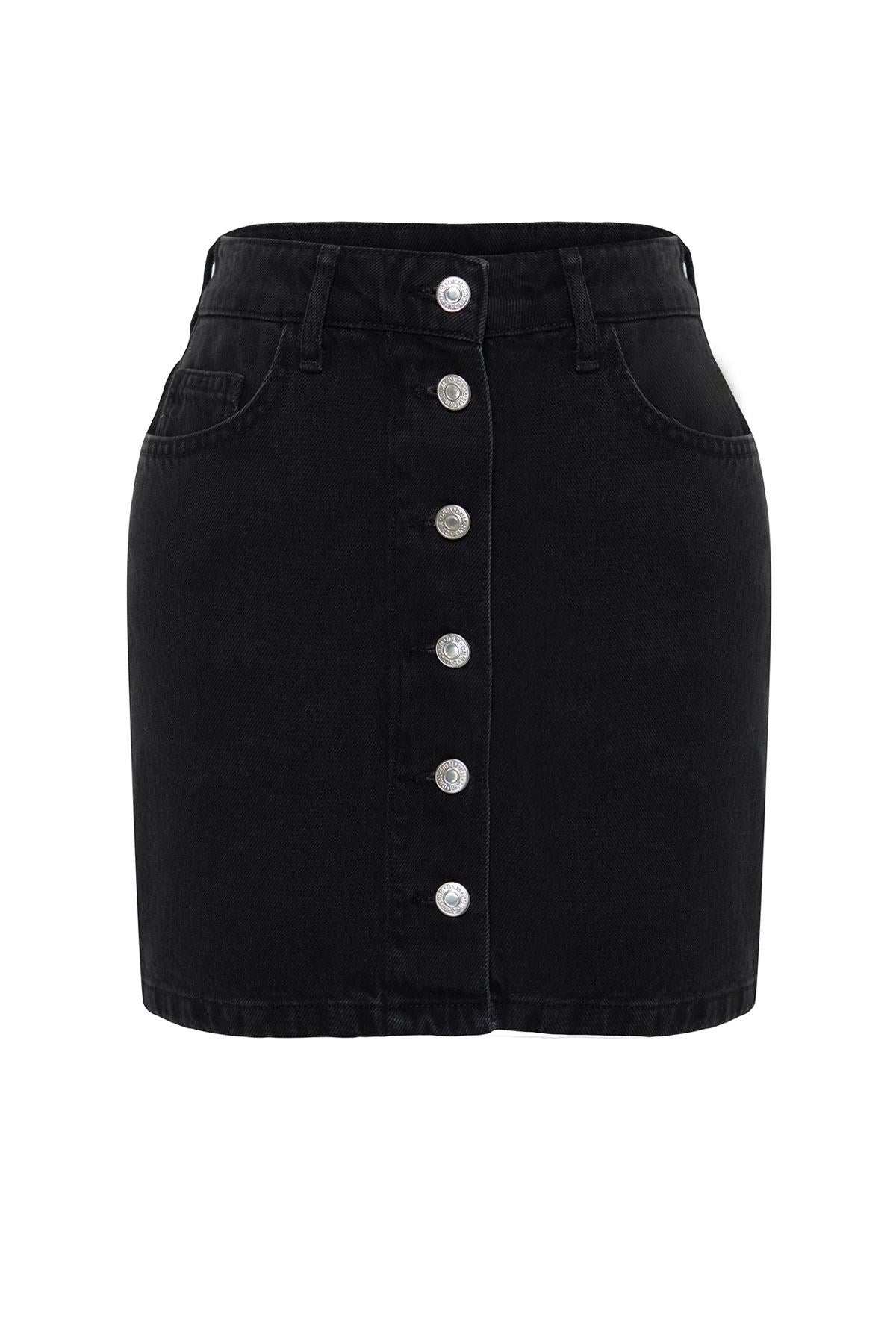 Black Front Buttoned High Waist Mini Denim Skirt Twoss24et00083