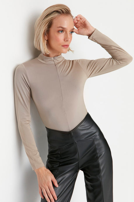 Black Zippered Stand-up Collar Long Sleeve Flexible Snap Knit Bodysuit Twoaw21bd0070