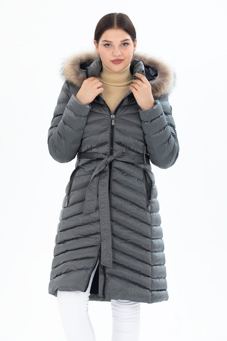 Women's Long Removable Fur Hooded Padded Waist Belt Waterproof Inflatable Coat 8529 1001m8529