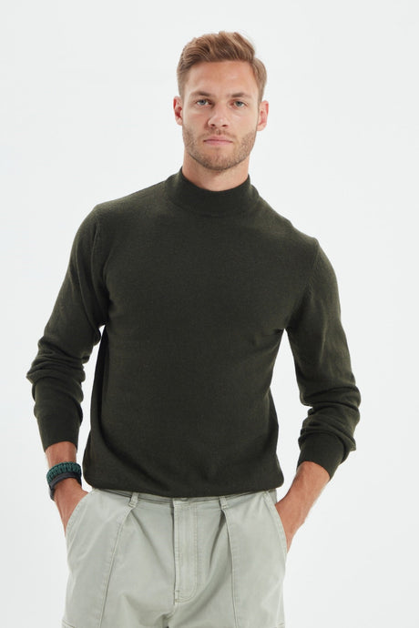 Khaki Men's Slim Fit Half Turtleneck Basic Knitwear Sweater Tmnaw21kz1595