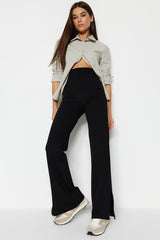 Black Sides Slit Flare/spanish Leg High Waist Knit Pants Twoss23pl00134