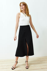 Black Asymmetric Buttoned Slit Knit Skirt Twoss24et00143