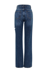 Dark Blue Ripped High Waist Wide Leg Jeans Twoss23je00142