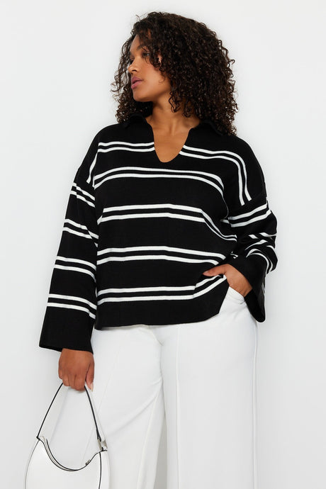 Navy Blue Striped Knitwear Sweater Tbbaw24an00013