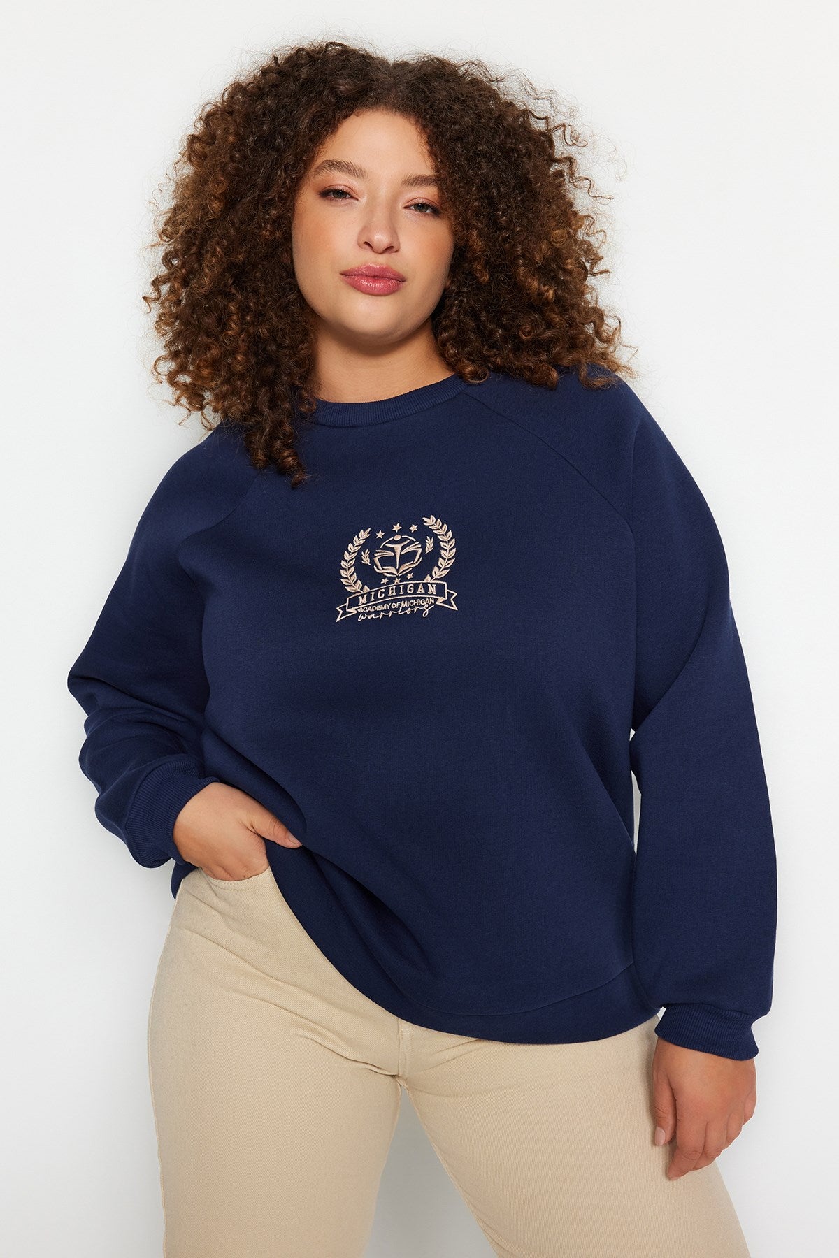 Camel Thick Inner Polar Embroidery Detailed Knitted Sweatshirt Tbbaw24ao00021