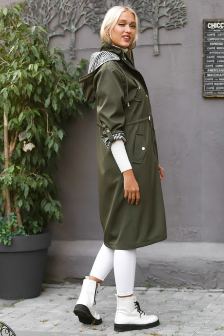 Women's Khaki Hooded Long Sleeve Pocket Lined Ruffle Midi Oversize Casual Woven Trench Coat M1021060