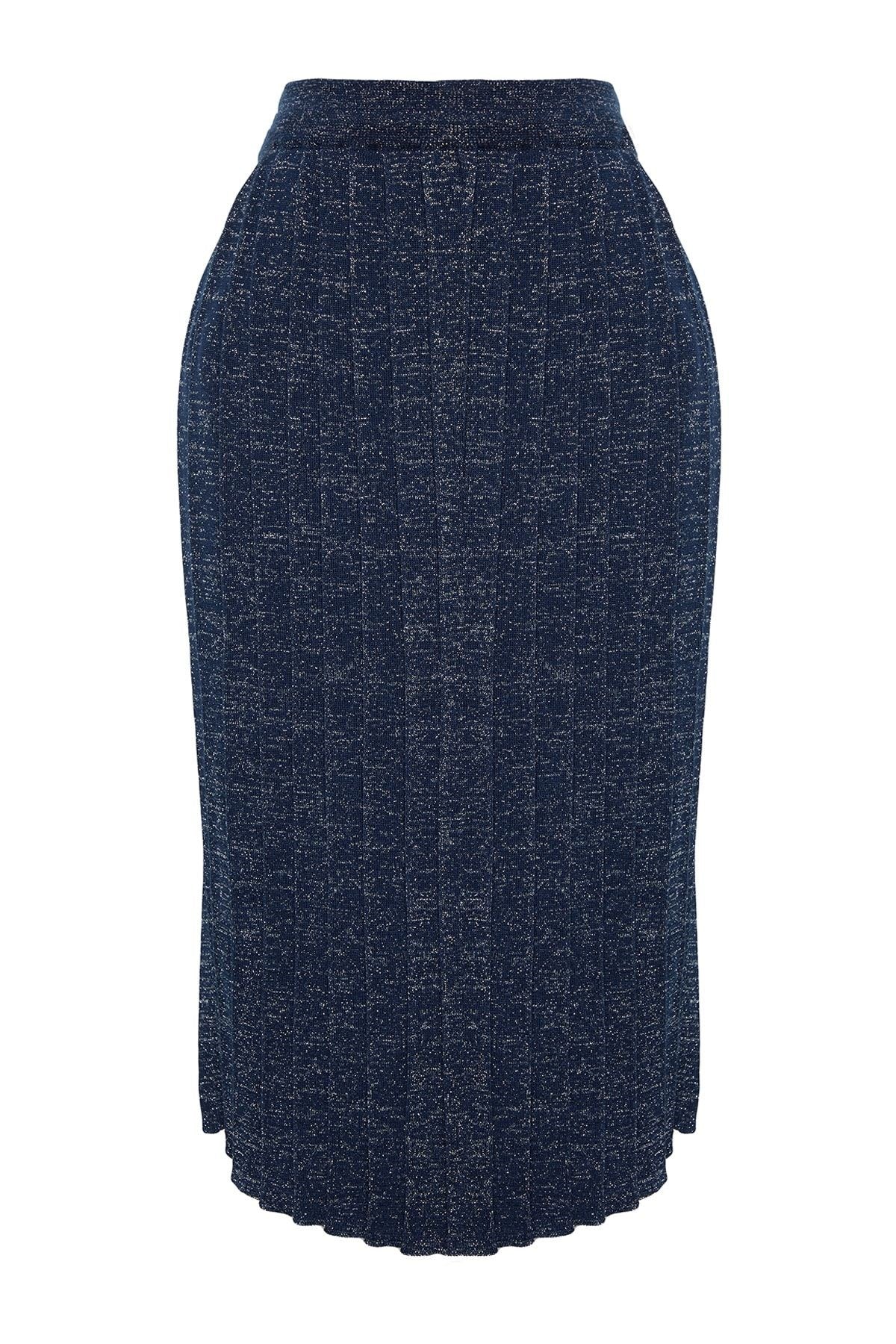 Navy Blue Glitter Yarn Pleated Knitwear Skirt Twoaw24et00000