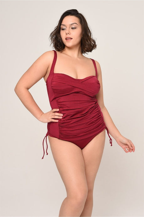 Women's Plus Size Burgundy Drape Detailed Jumper Side Sliding Tankini 12761123