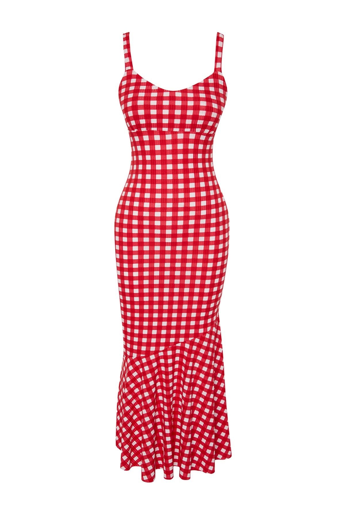 Red Plaid Strappy Body-fitting Ribbed Flexible Knitted Maxi Pencil Dress Twoss24el00682