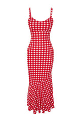 Red Plaid Strappy Body-fitting Ribbed Flexible Knitted Maxi Pencil Dress Twoss24el00682