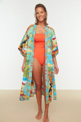 Tropical Pattern Belted Maxi Woven 100% Cotton Kimono&kaftan Tbess22km0042