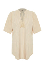 Brown Striped Wide Moulding Mini Knitted Tie Beach Dress Tbess23el00080