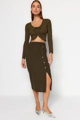 Black Smart Crepe Button Detailed High Waist Midi Pencil Flexible Knitted Skirt Twoss23et00320