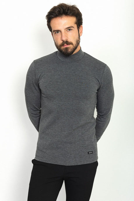 Plain Anthracite Color Slim Fit Half Turtleneck Long Sleeve Men's T-shirt 36761.22k