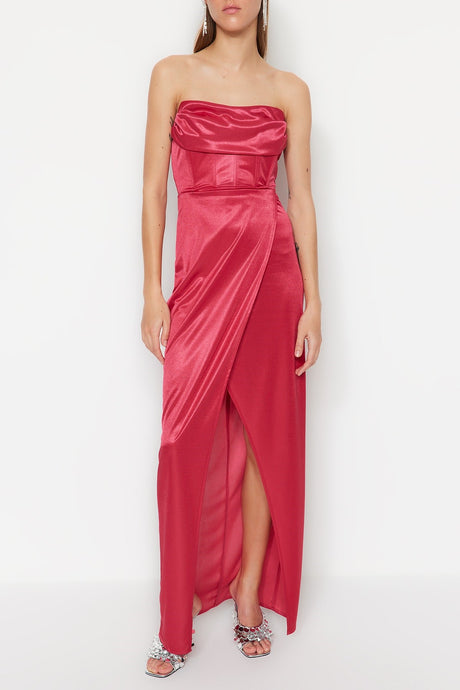 Fuchsia Lined Knitted Satin Long Evening Evening Dress Tprss23ae00006