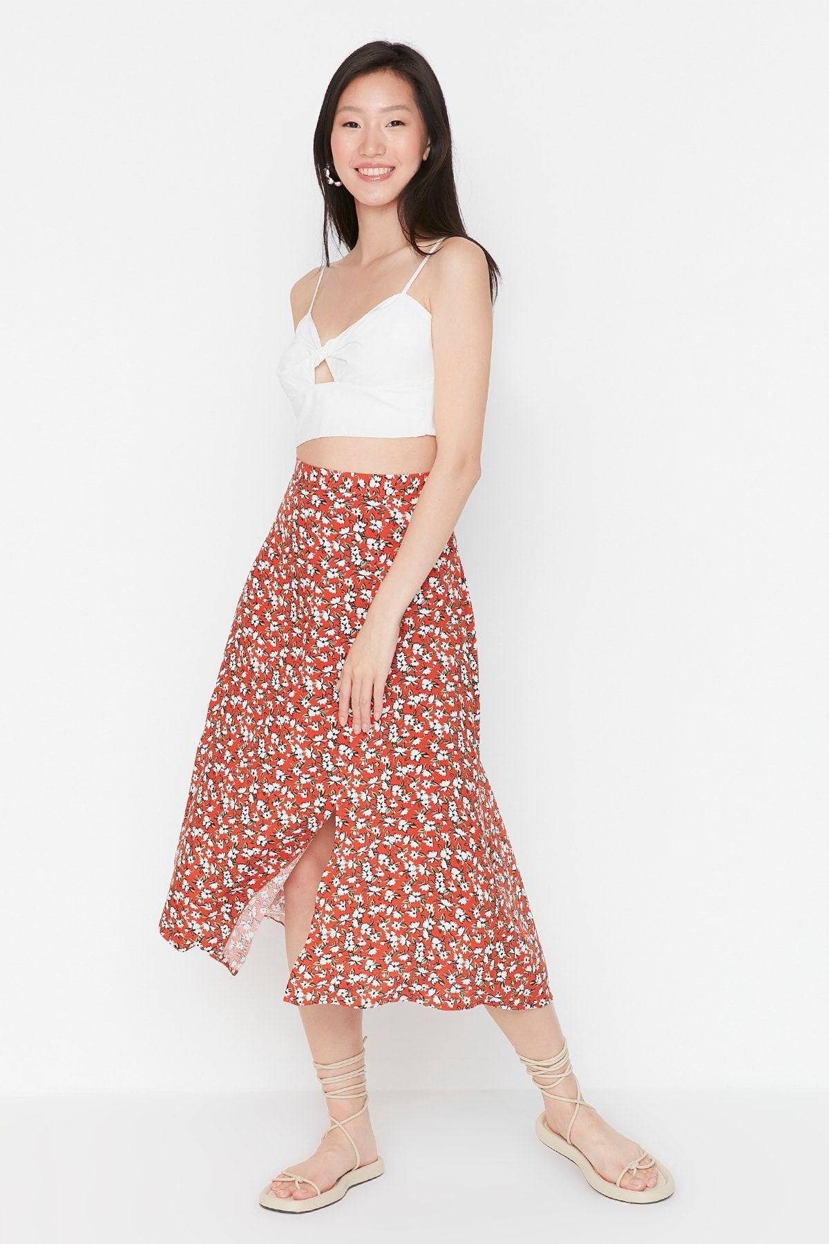 Tile Slit Detailed Floral Pattern Viscose Fabric Midi Woven Skirt Twoss20et0230