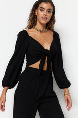 Black Woven Tie Blouse Pants Suit Tbess23au00072