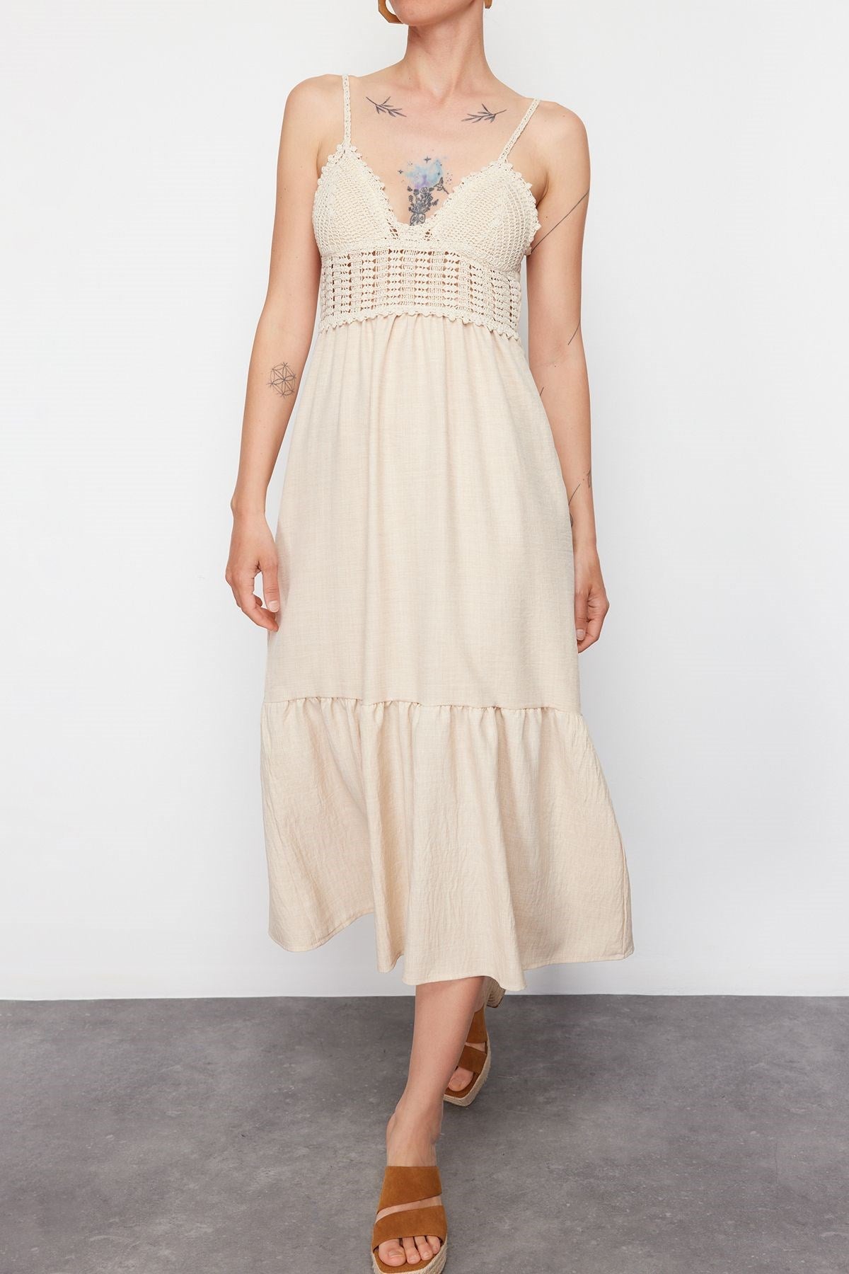 Ecru Linen Look Regular Woven Dress Tedss24el00051