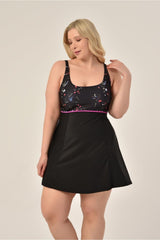 Women's Plus Size Black Mixed Pattern Jumper Interlock Adjustable Strap Stylish Dress Swimsuit 20231