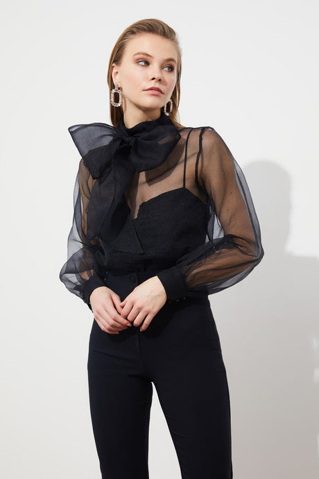 Black Transparent Look Tulle Blouse Tprss20el1182