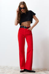 Red High Waist Wide Leg Jeans Twoss24je00228