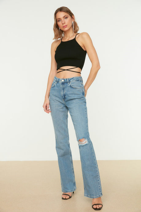 Blue Ripped Detailed High Waist Flare Jeans Twoss22je0440