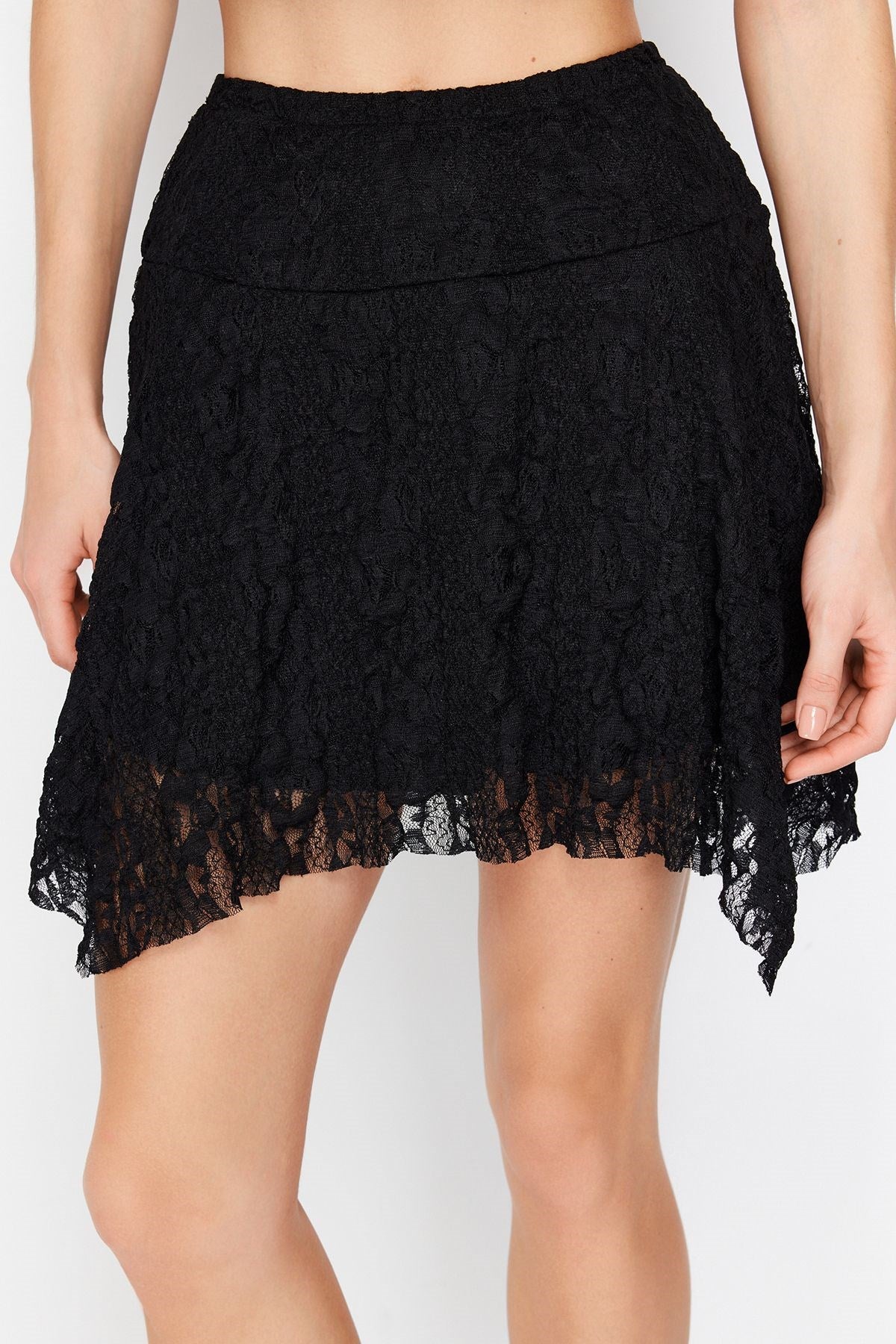 Black Asymmetric High Waist Lace Mini Knitted Skirt Twoss24et00087