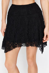 Black Asymmetric High Waist Lace Mini Knitted Skirt Twoss24et00087