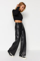 Black Faux Leather Wide Leg Pocket Detailed Knitted Pants Twoaw24pl00103