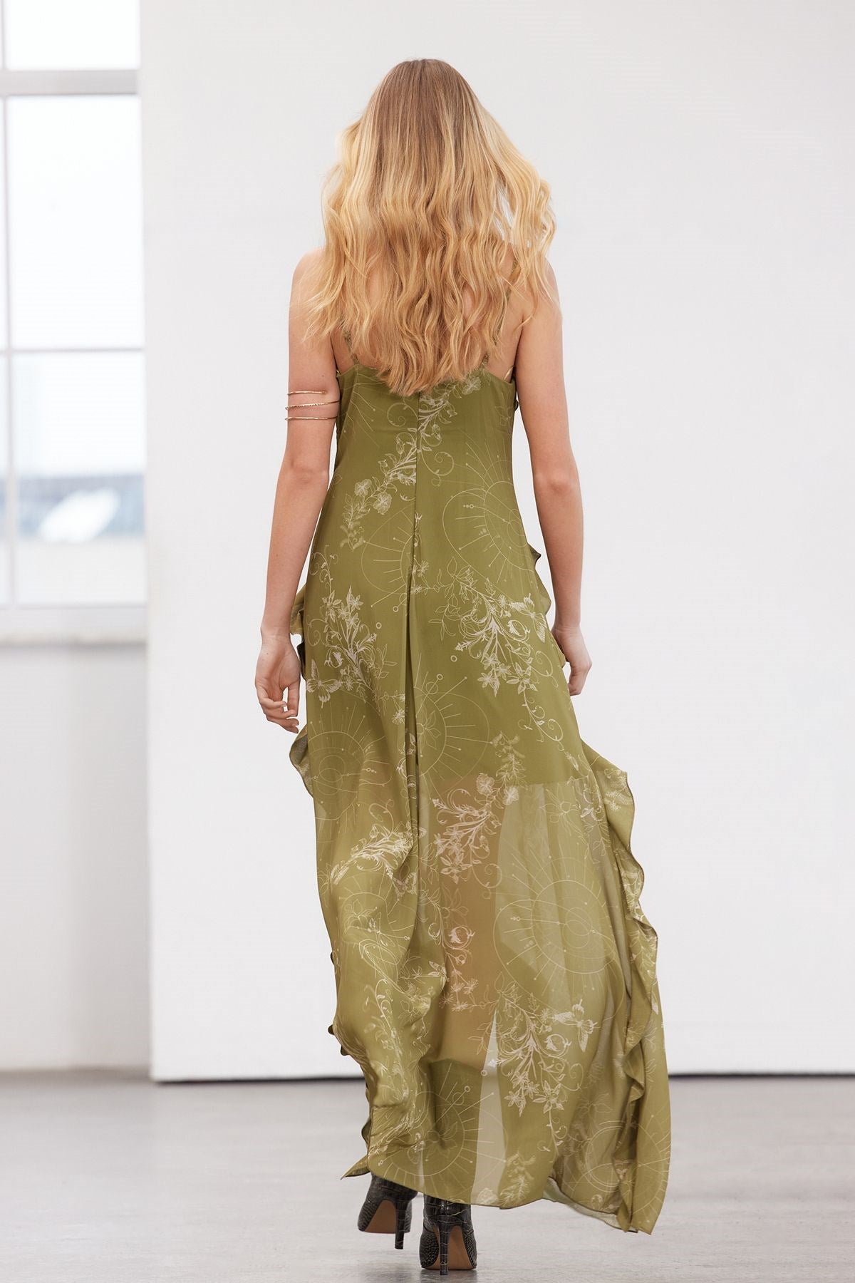 Limited Edition Khaki Floral Pattern Ruffle Chiffon Evening Dress Tprss24ae00050