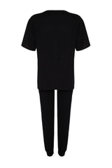 Black Crew Neck Short Sleeve Basic Jogger Knitted Bottom Top Suit Twoss24au00120