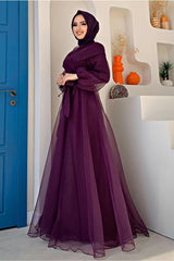 Women Purple Belted Tulle Evening Dress Dress T 4693 22yabltr4693