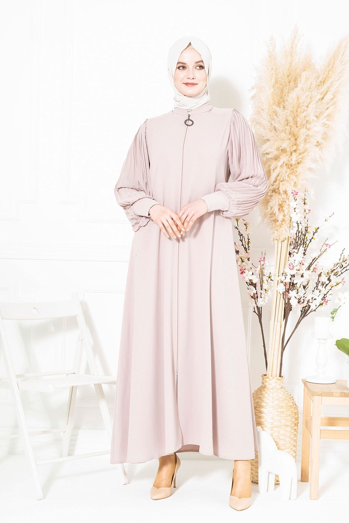 Pineapple Sleeves Pleated Detailed Zipper Lilac Abaya 3453 T22fr3m3453