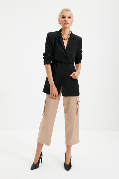 Black Belted Regular Lined Double-breasted Closure Woven Blazer Jacket Twoaw21ce0320