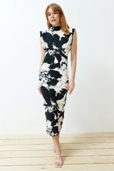 Multicolor Floral Round Neck Wadded Bodycone/body Fit Knitted Maxi Pencil Dress Twoss24el00841